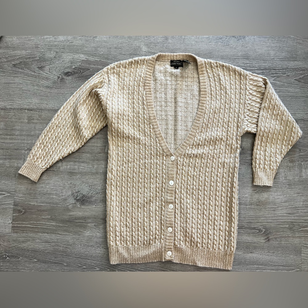 Renee Tener Jeanne Pierre vintage beige gold cable knit sweater cardigan size S